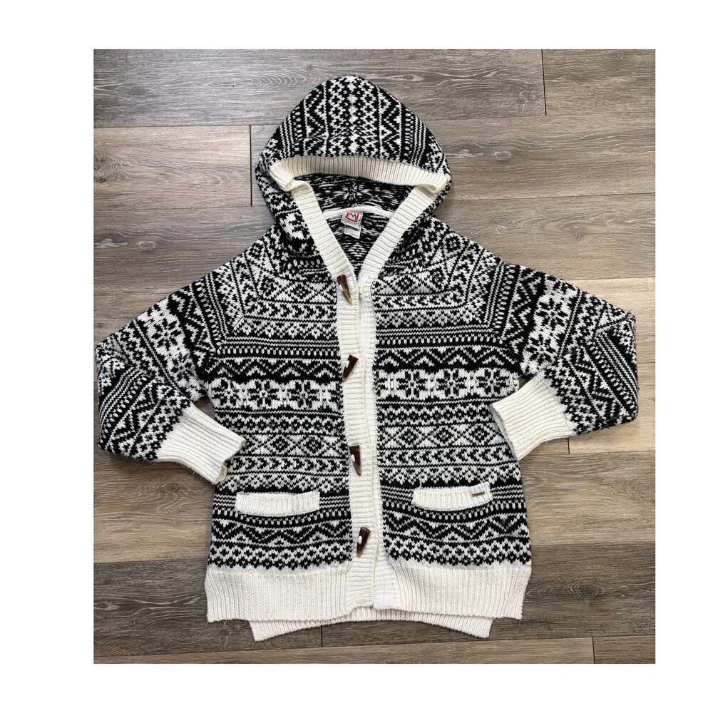 Avalanche Nordic Hooded Cardigan Sweater Large Black White Toggle Knit